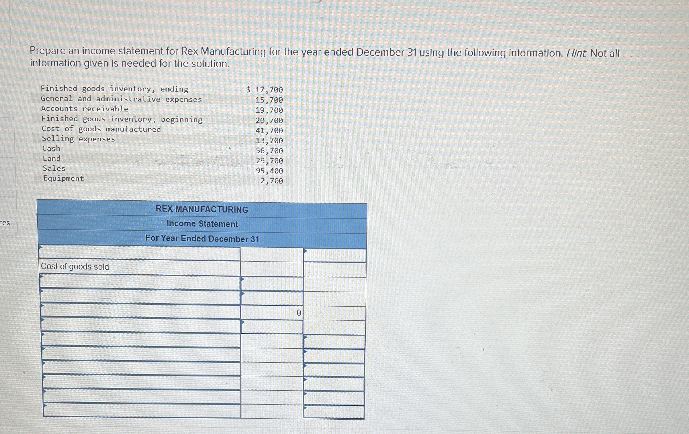 Solved Prepare an income statement for Rex Manufacturing for | Chegg.com