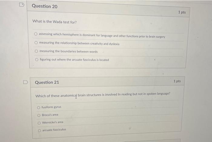 Solved Question 20 1 pts What is the Wada test for? | Chegg.com