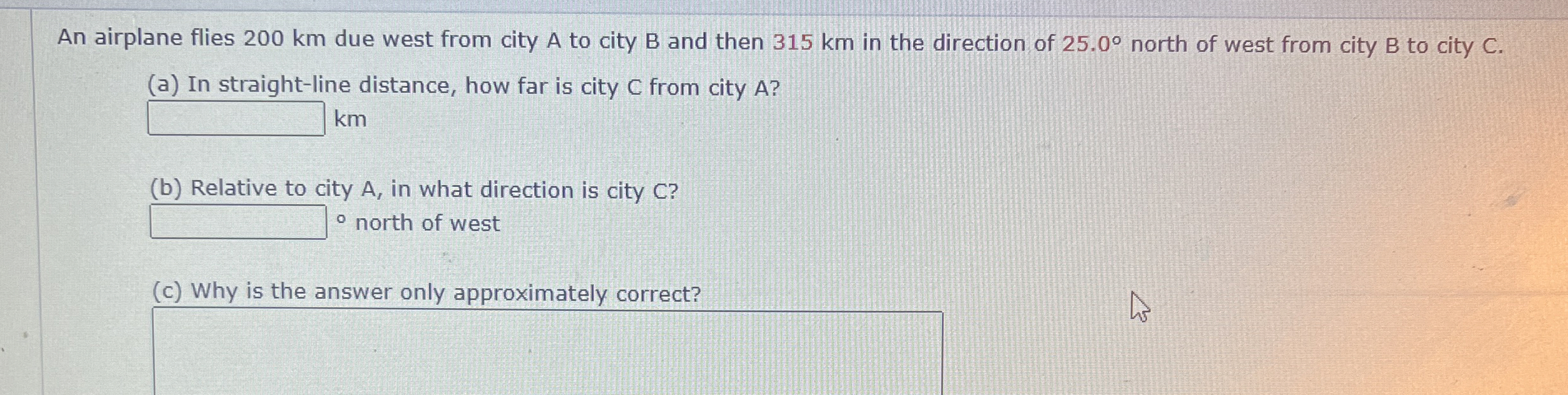 Solved An airplane flies 200 ﻿km due west from city A to | Chegg.com