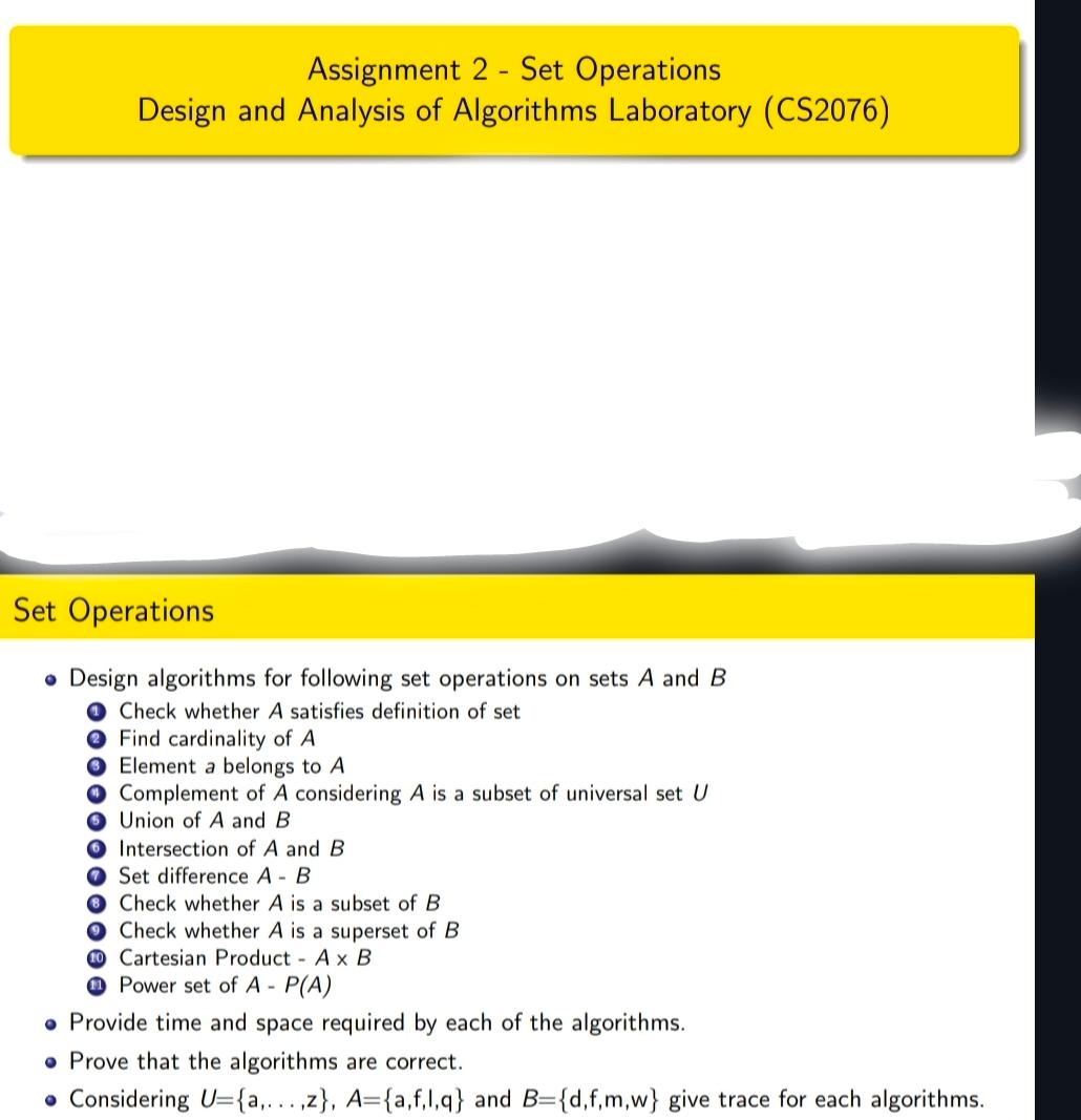 Solved Assignment 2 - ﻿Set Operations Design And Analysis Of | Chegg.com