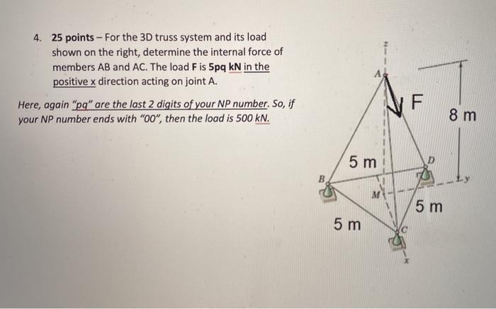 Solved 4. 25 points - For the 3D truss system and its load | Chegg.com
