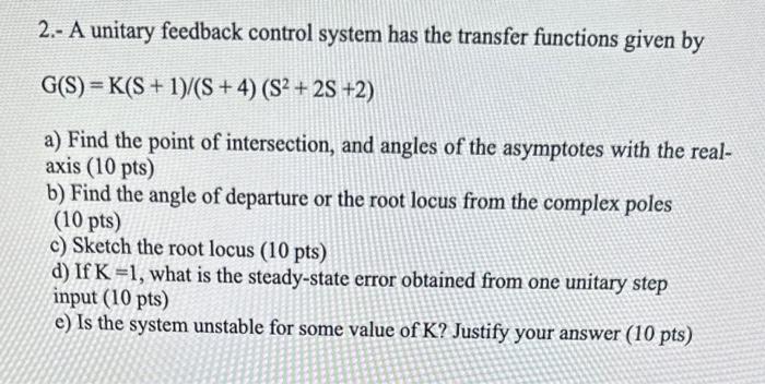 Solved 2.- A unitary feedback control system has the | Chegg.com