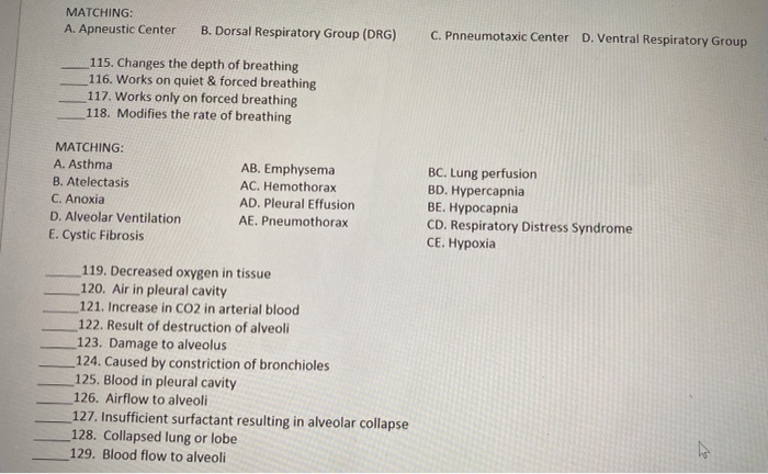 Solved MATCHING: A. Apneustic Center B. Dorsal Respiratory | Chegg.com