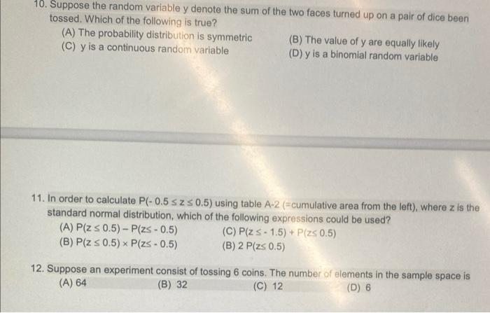 Solved 10. Suppose the random variable y denote the sum of | Chegg.com