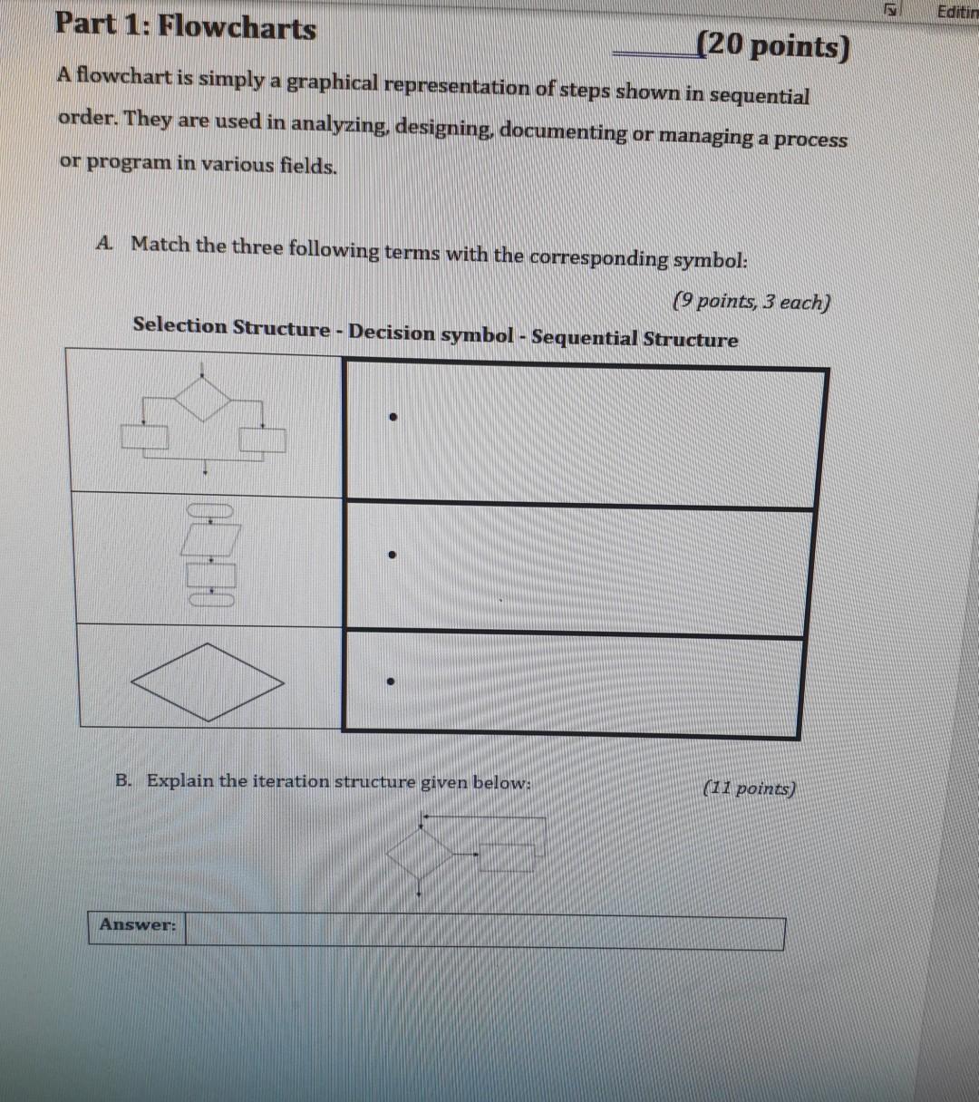 Solved Editin Part 1: Flowcharts (20 points) A flowchart is | Chegg.com