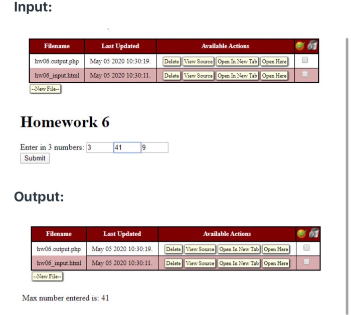 Input: Filename Last Updated hw06.output.php May 05 2020 10:30:19. hw06_input html May Os 2020 10:30:11. --New File-- Availab