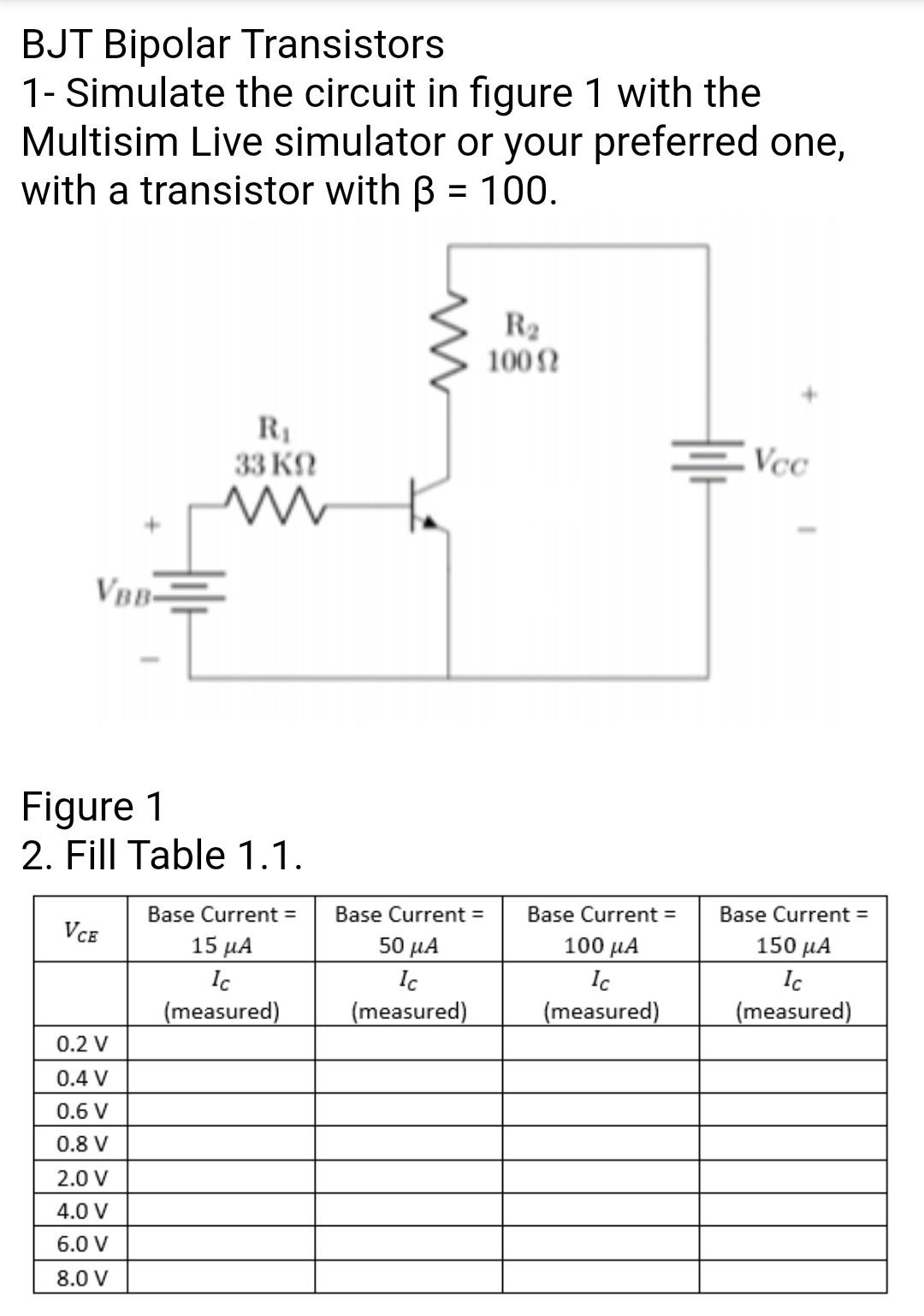 Solved BJT Bipolar Transistors 1- Simulate the circuit in | Chegg.com