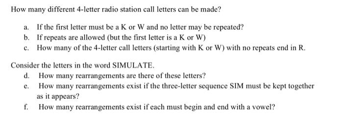 Solved How many different 4-letter radio station call | Chegg.com