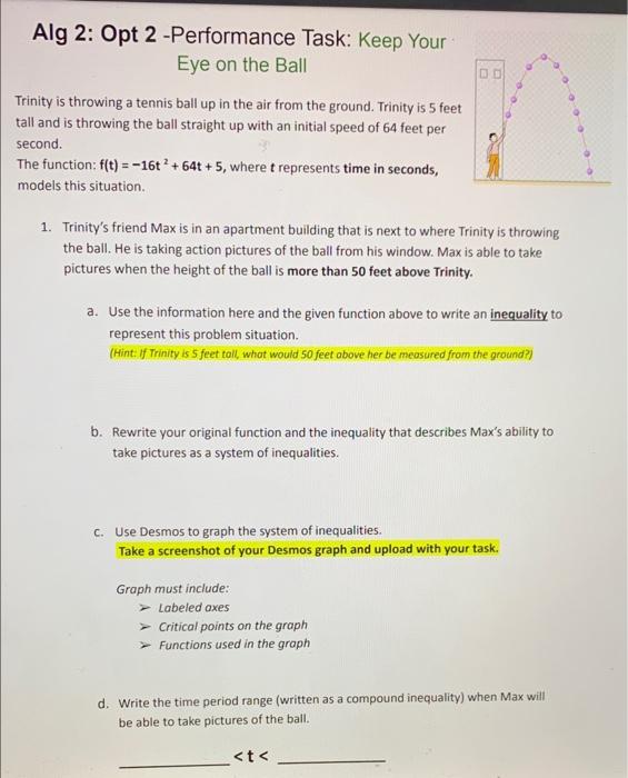 Solved Alg 2: Opt 2 -Performance Task: Keep Your Eye on the | Chegg.com