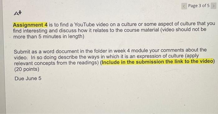 Solved Assignment 4 is to find a YouTube video on a culture | Chegg.com