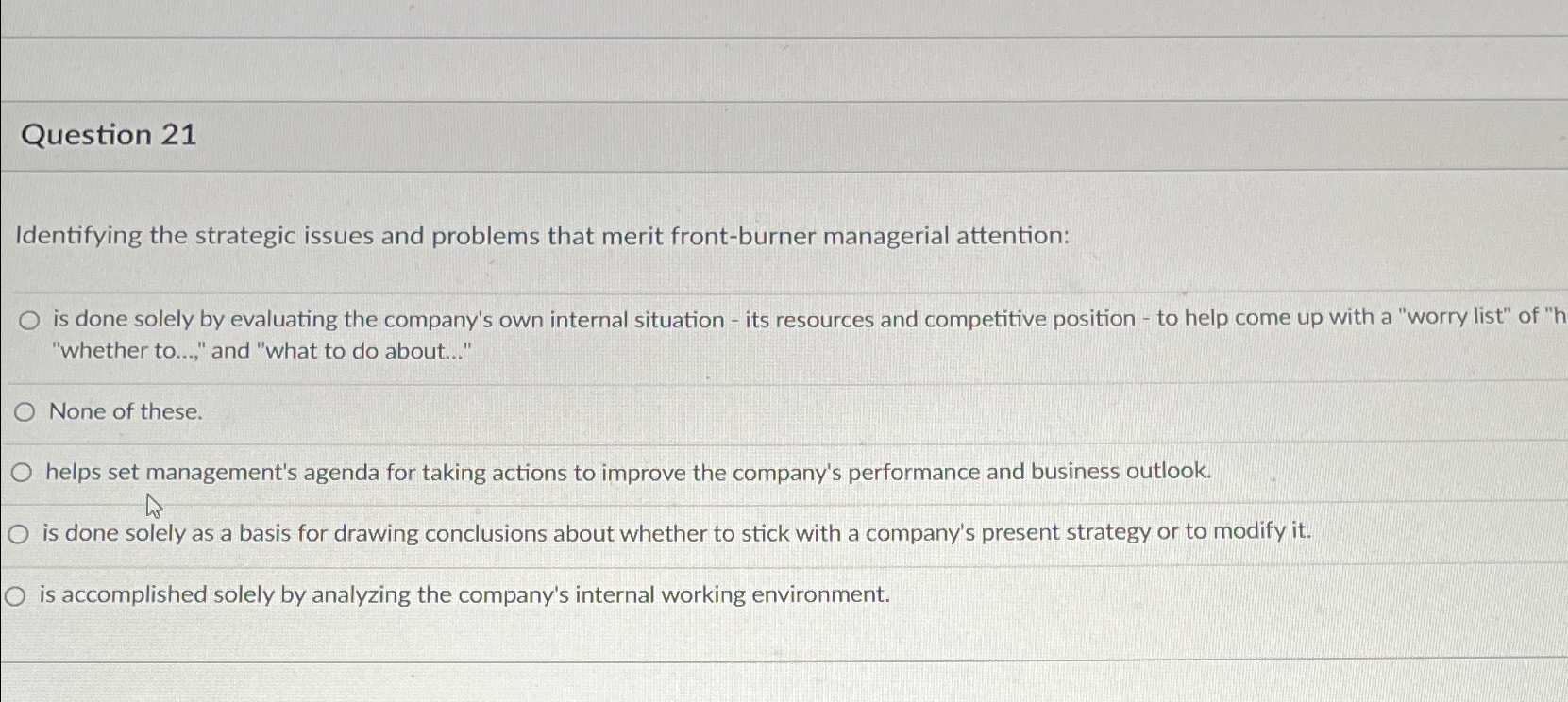 Solved Question 21Identifying the strategic issues and | Chegg.com
