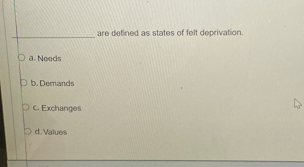 Solved are defined as states of felt deprivation.a. ﻿Needsb.