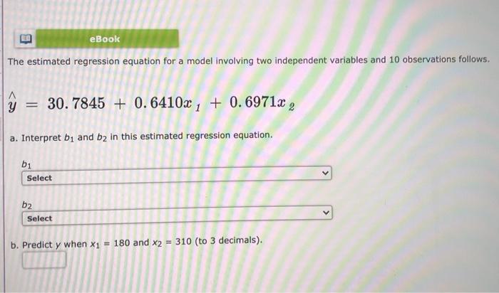 Solved B eBook The estimated regression equation for a model | Chegg.com