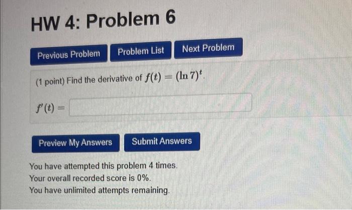 Solved 1 Point Find The Derivative Of F T Ln7 T F′ T