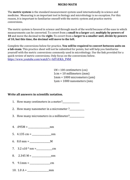 Solved Micro Math The Metric System Is The Standard Chegg Com