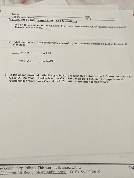 Solved Name Date Lab Partner Name Bin Experimental Data and | Chegg.com