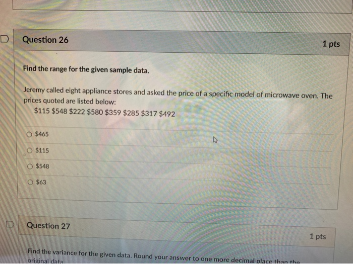 Solved D Question 26 1 pts Find the range for the given | Chegg.com