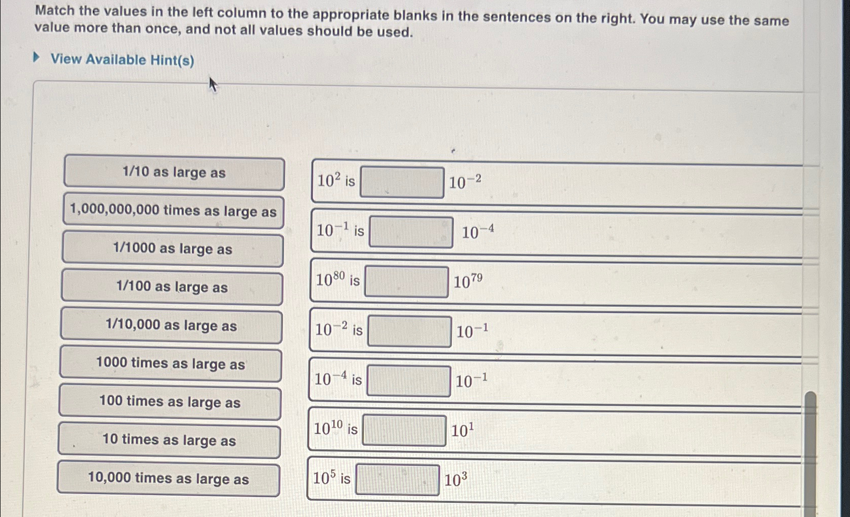 Match the values in the left column to the | Chegg.com