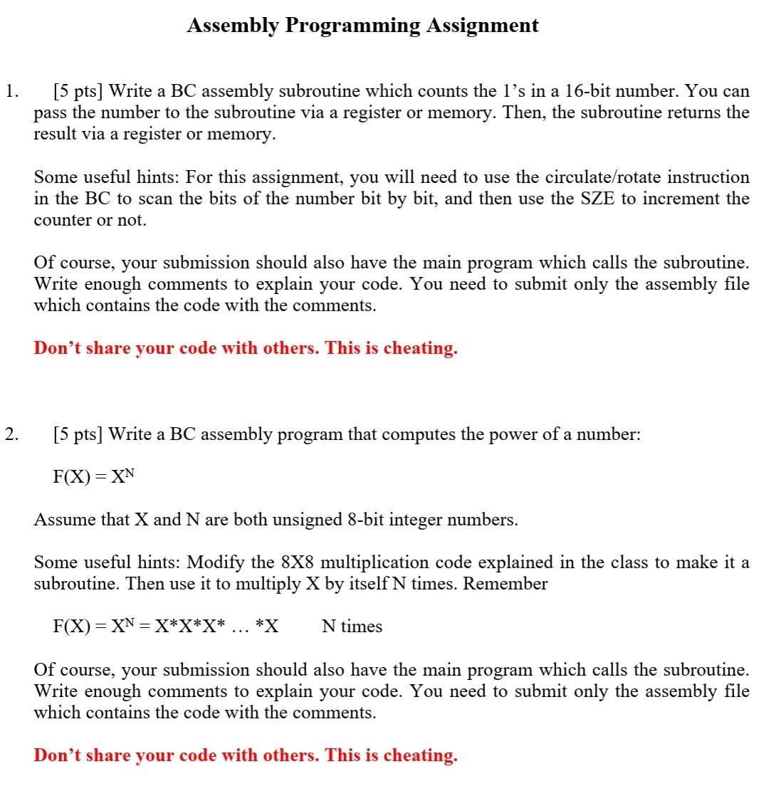 Solved Assembly Programming Assignment 1. [5 pts] Write a BC | Chegg.com