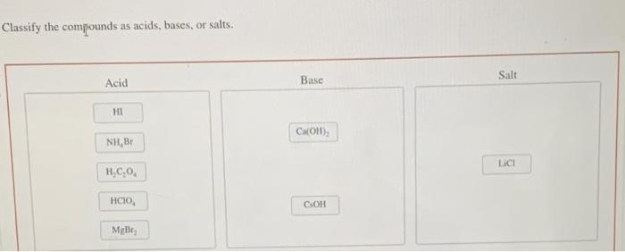 Solved Classify The Comprounds As Acids Bases Or Salts 3073