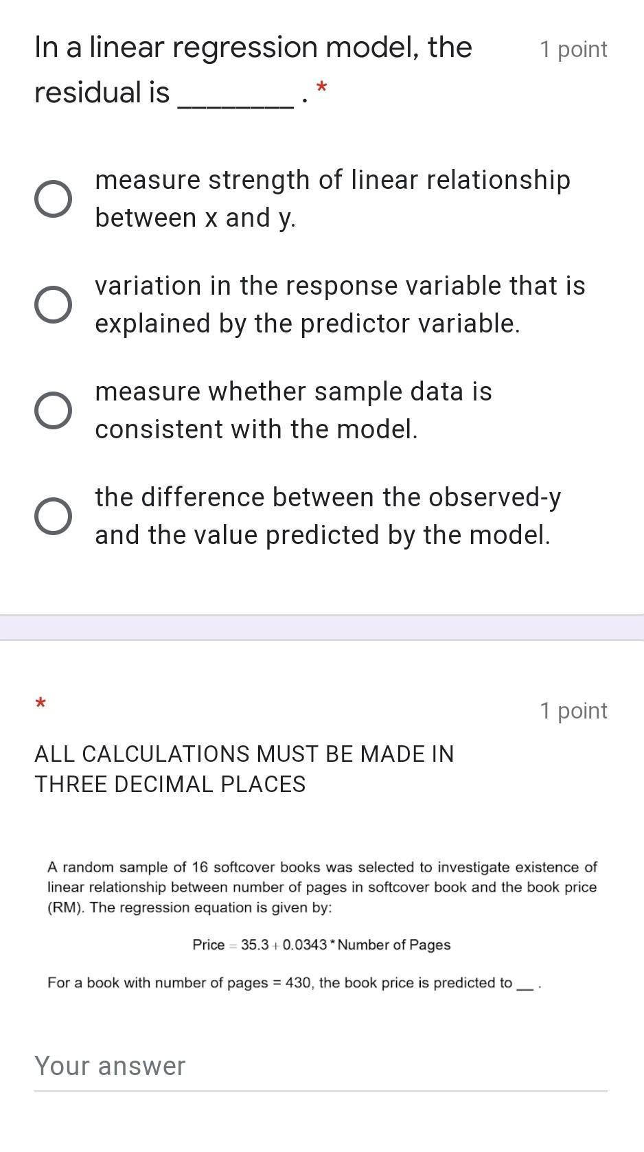 Solved 1 point In a linear regression model, the residual is | Chegg.com