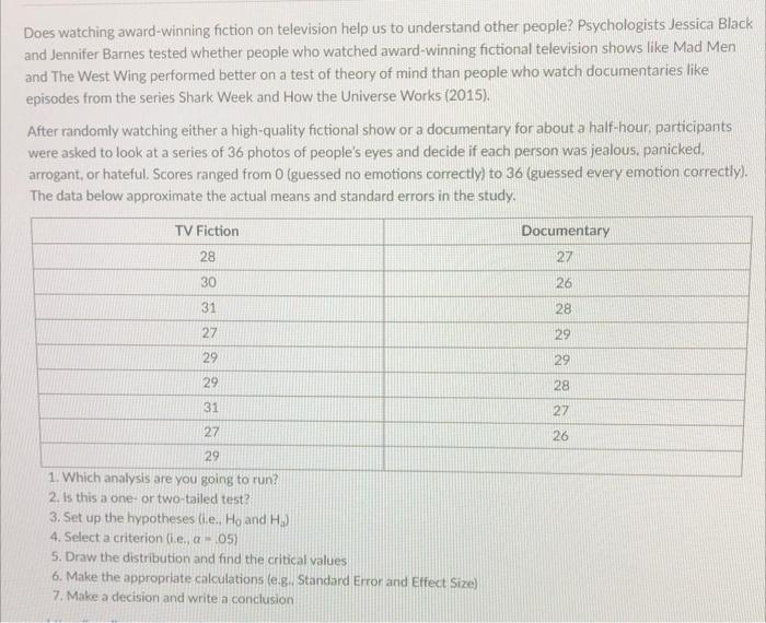 Solved Does watching award-winning fiction on television | Chegg.com