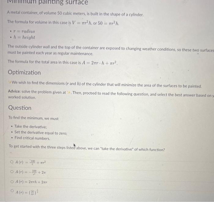 Solved The formula for volume in this case is V=πr2h, or | Chegg.com