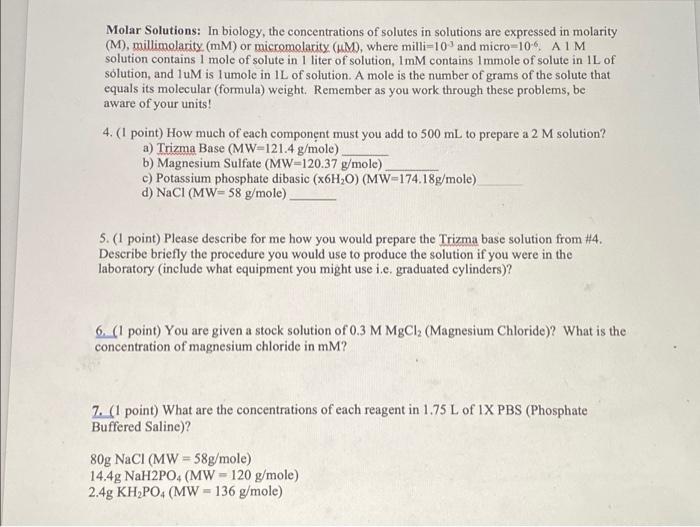 Solved Molar Solutions: In Biology, The Concentrations Of | Chegg.com