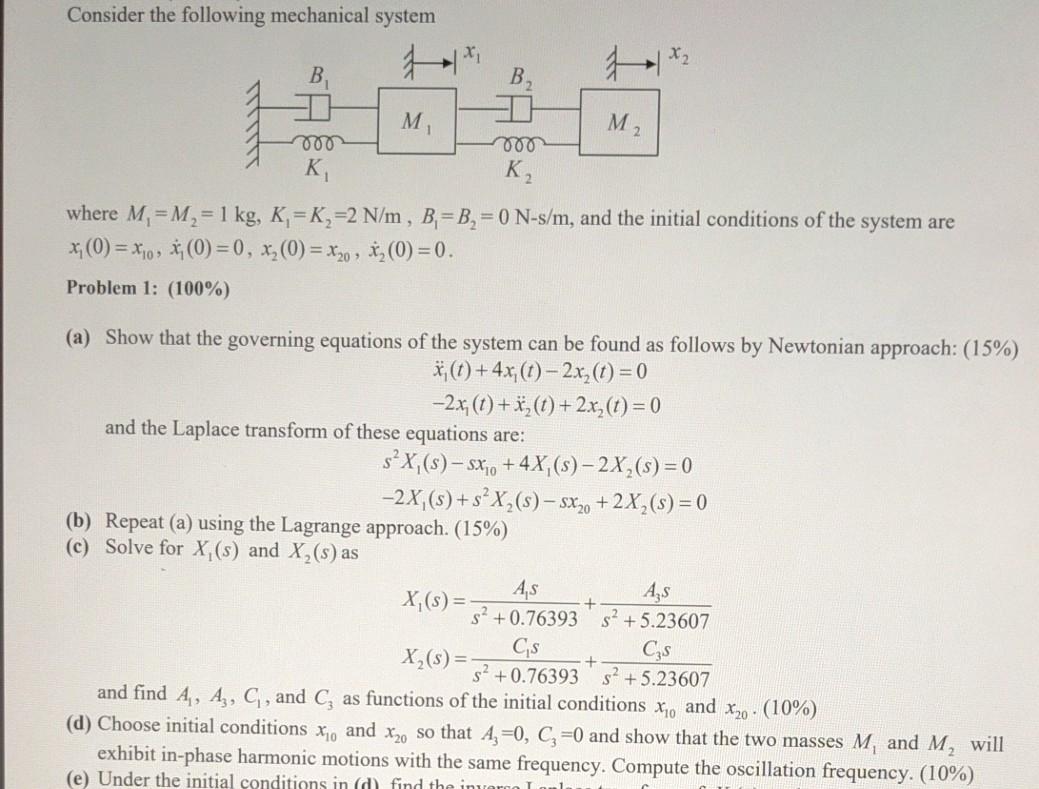 Solved Consider The Following Mechanical System X X2 B V Chegg Com
