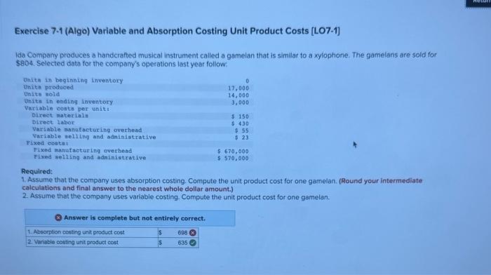 Solved Exercise 7-1 (Algo) Variable And Absorption Costing | Chegg.com