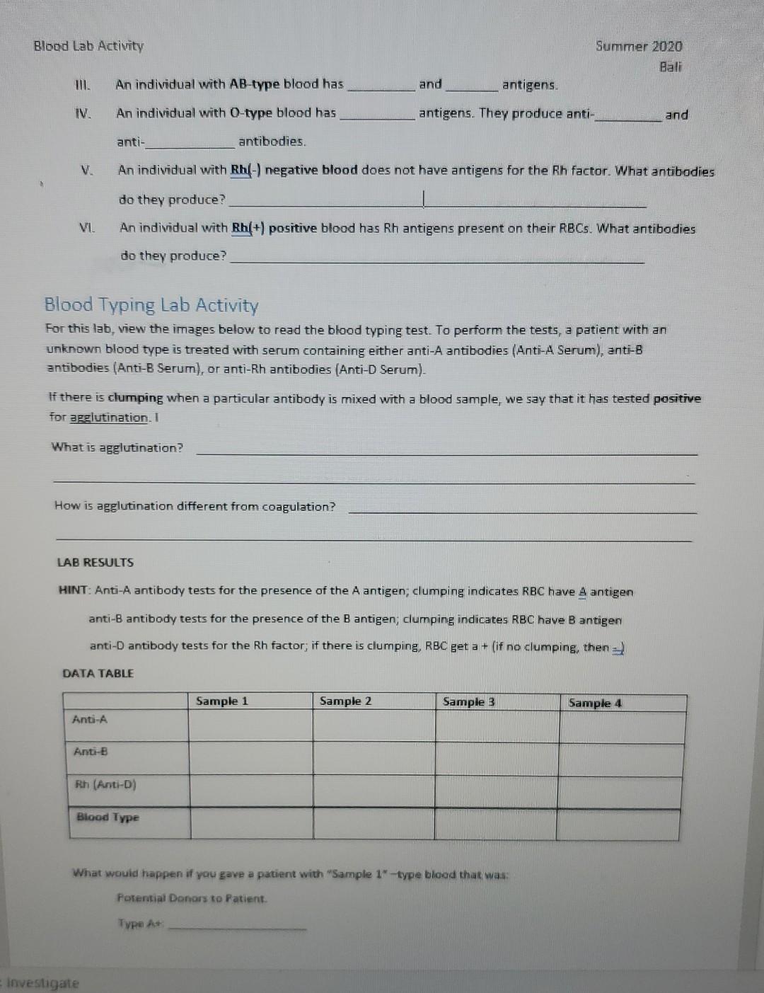 Solved Blood Lab Activity Summer 2020 HILL An individual | Chegg.com