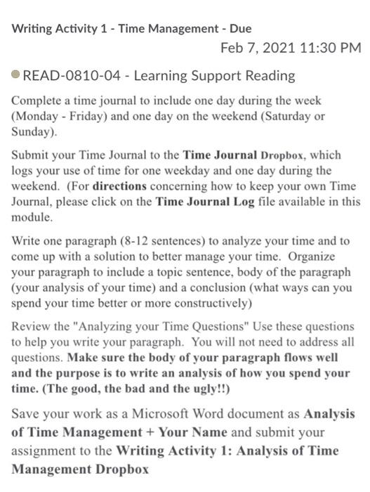 Solved Writing Activity 1 - Time Management - Due Feb 7, | Chegg.com