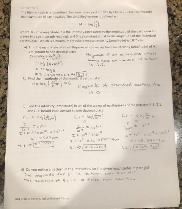 Solved Problem. 3 The Richter scale is a logarithmic | Chegg.com