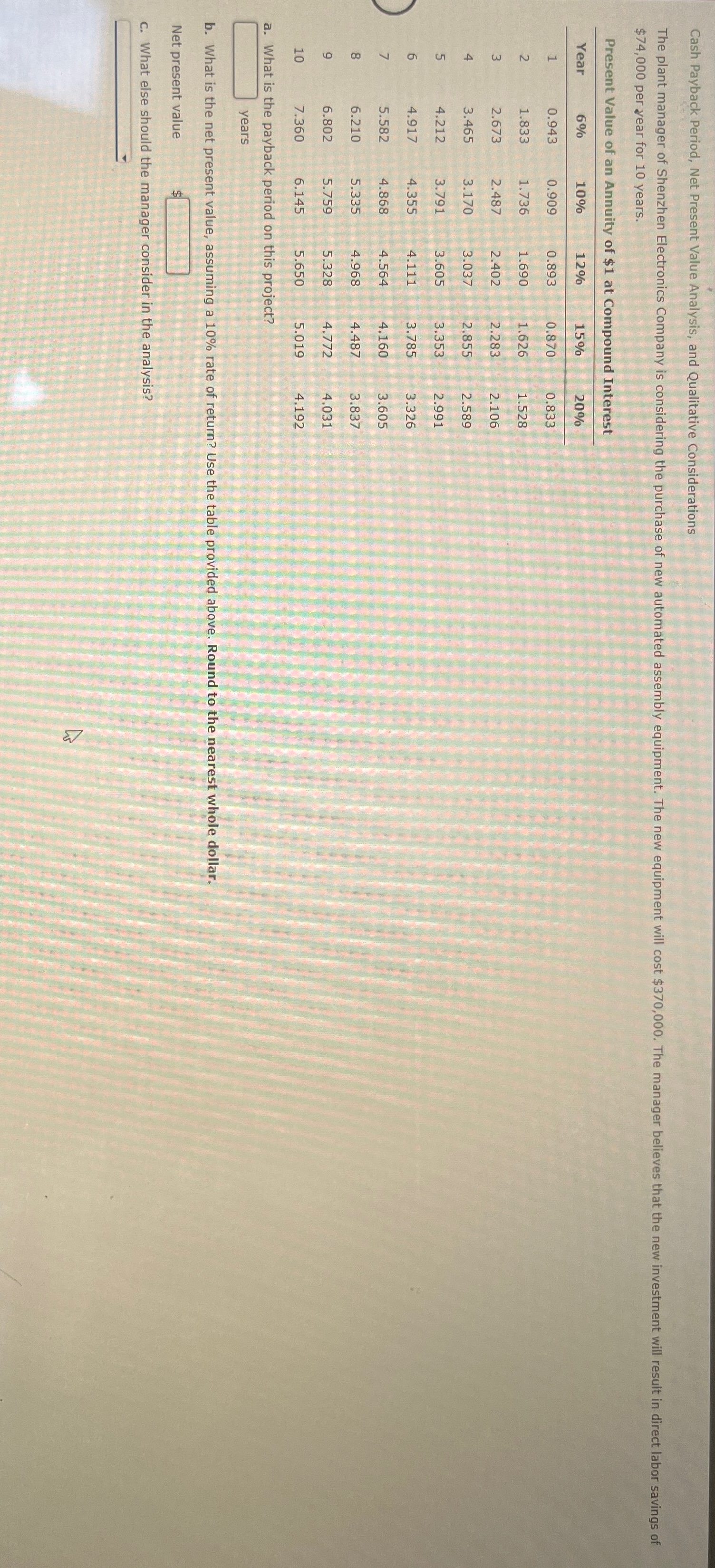 Solved cash payback period net present value analysis and chegg