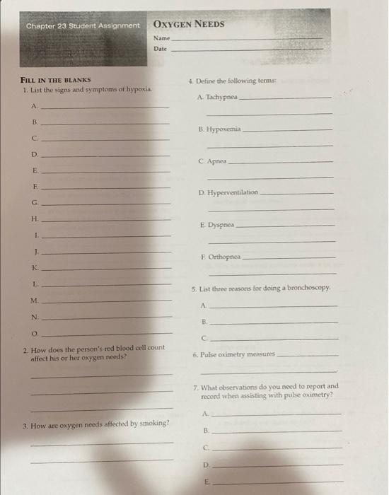 Solved OXygen NeEdS Name Date FILL IN THE bLaNKs 1. List the | Chegg.com