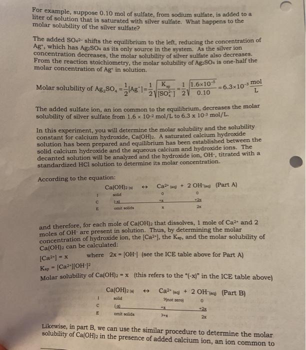 Solved Experiment 12 Molar Solubility and Common Ion Effect