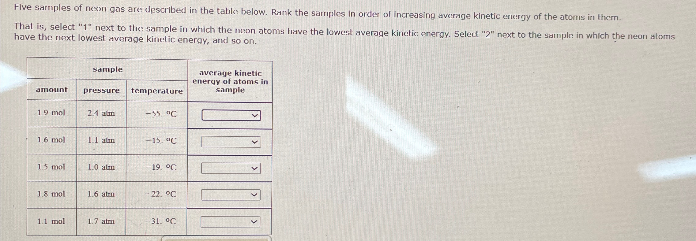 Solved Five samples of neon gas are described in the table | Chegg.com