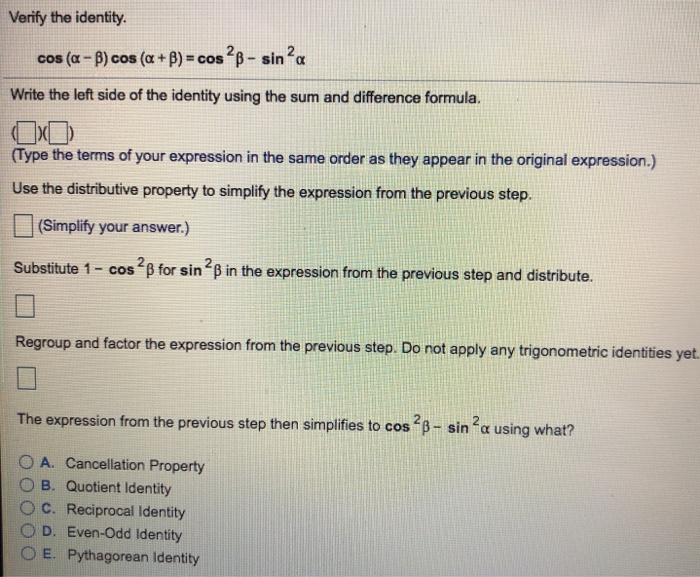 Solved Verify The Ideny Cos A B Verify The Ideny Cos A B