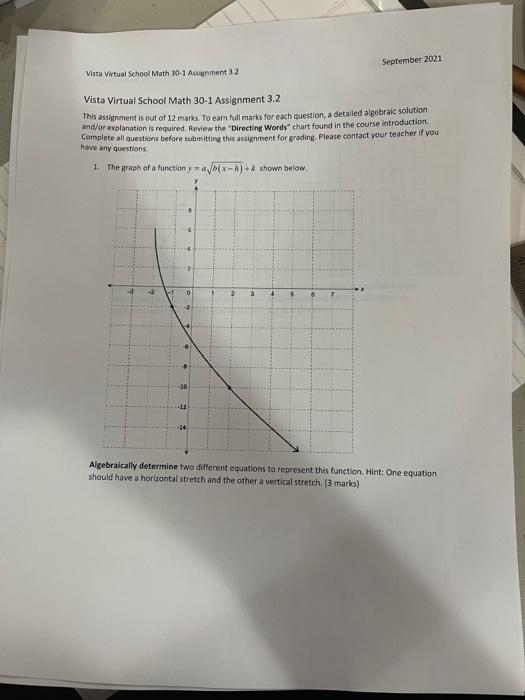 Solved September 2021 Vista Virtual School Math 30-1 | Chegg.com