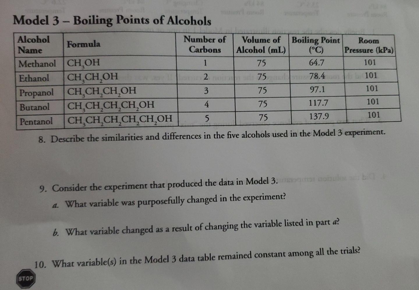 Solved Model 3 Boiling Points of Alcohols Alcohol Name