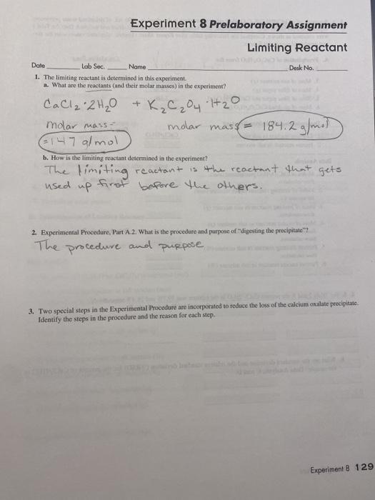 experiment 8 limiting reactant prelab