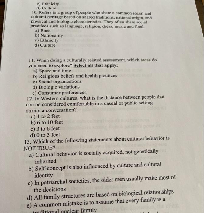 c) Ethnicity d) Culture 10. Refers to a group of people who share a common social and cultural heritage based on shared tradi
