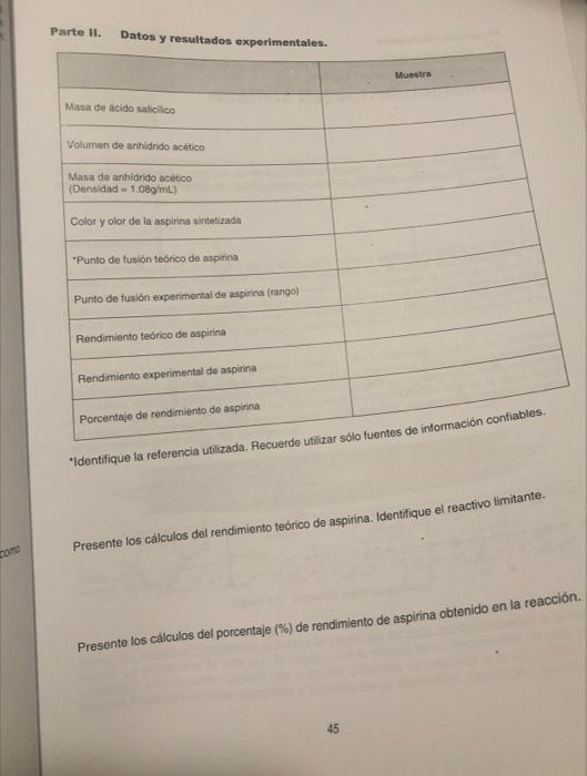 Parte 11. Datos y resultados experimentales. Identifique la referencia utilizada. Recuerde utilizar soru iumm. Presente los