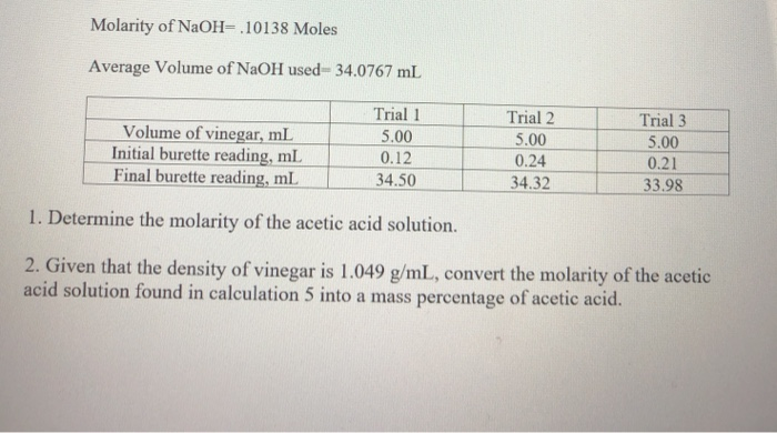 Solved Molarity Of Naoh 10138 Moles Average Volume Of Naoh