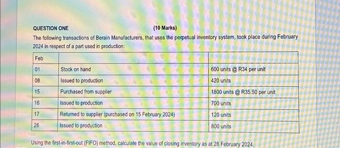 Solved QUESTION ONE (10 Marks) The following transactions of | Chegg.com