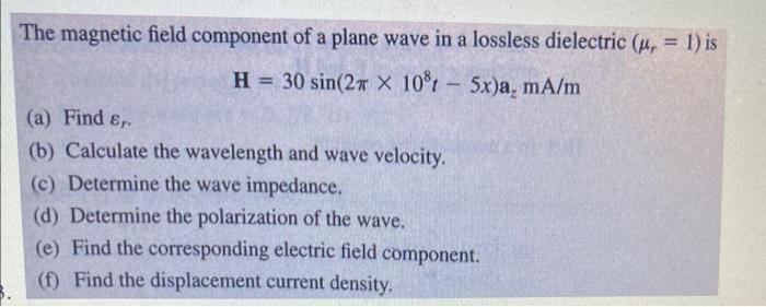 Solved The magnetic field component of a plane wave in a | Chegg.com