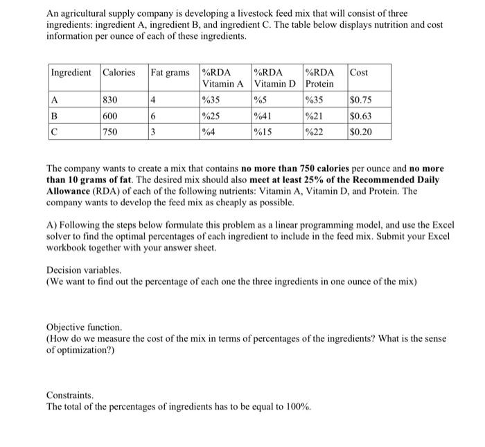 Solved An agricultural supply company is developing a