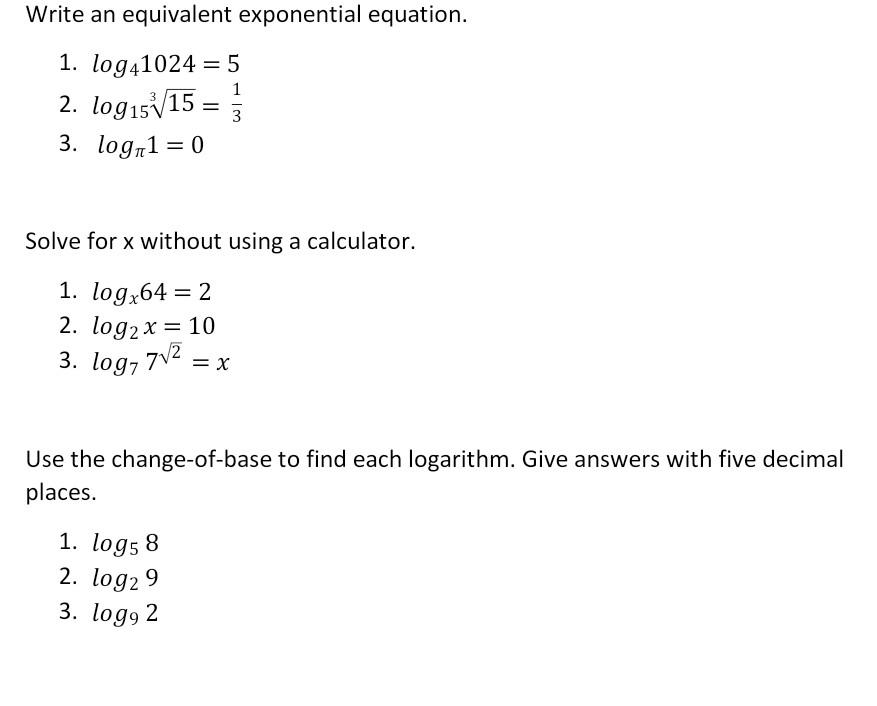 Solved Write An Equivalent Exponential Equation 1 1 Chegg Com