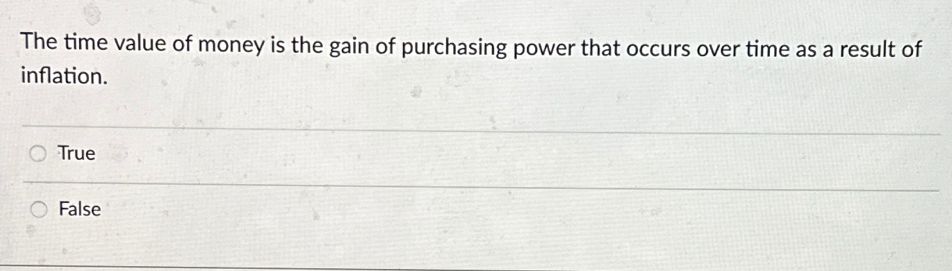 Solved The time value of money is the gain of purchasing | Chegg.com