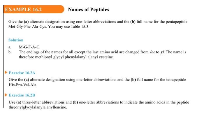 Solved EXAMPLE 16.2 Names of Peptides Give the (a) alternate | Chegg.com
